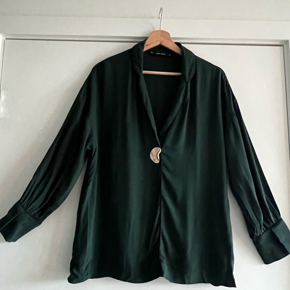 Zara Dark Forest Green Women's Long-Sleeve Collared Blouse with Gold Button